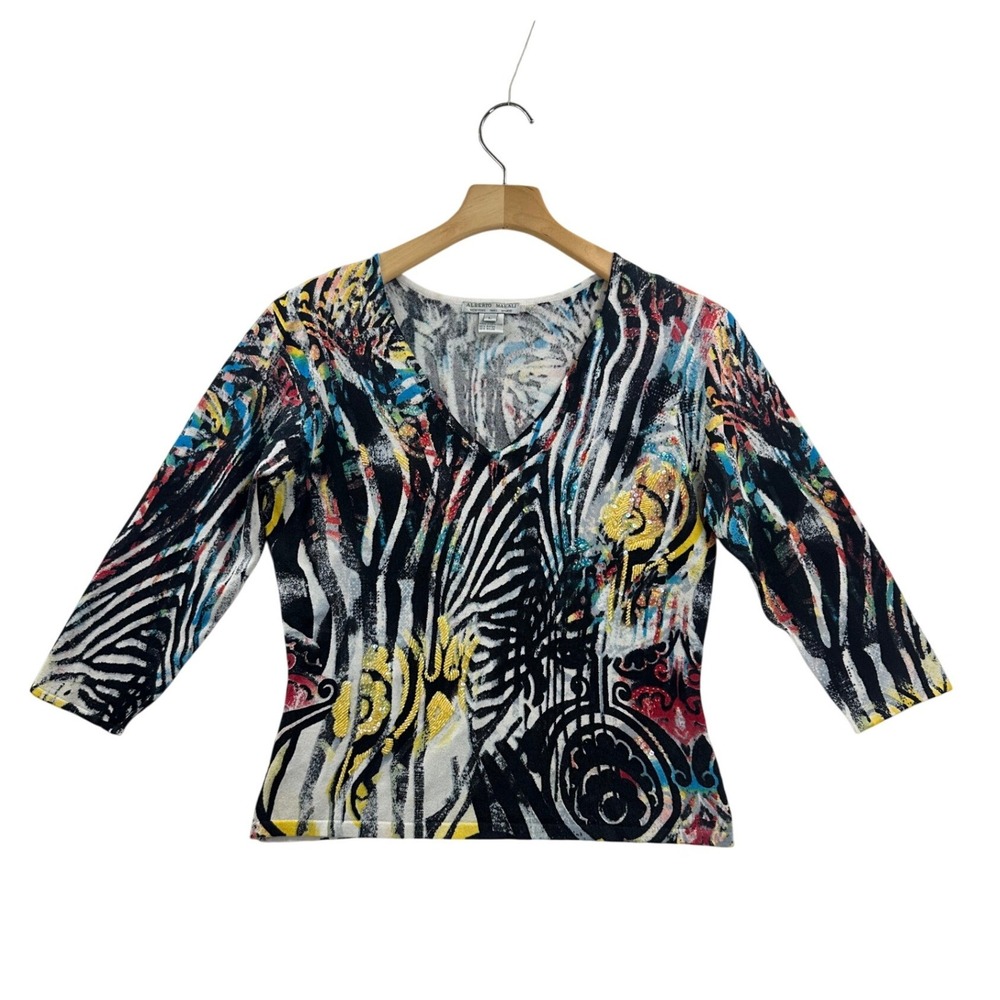 ALBERTO MAKALI Women's L Abstract Print 3/4 Sleeve V Neck Top Sequins